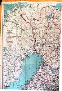 Suomi - kartta,  Koko 82 x 55 cm. Kaksipuoleinen; takana keskilämpötilat, sademäärät, puuston rajat, lentoliikenne, maatalousalueet, väestötiheys