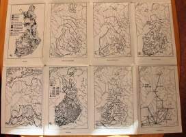Suomi - kartta,  Koko 82 x 55 cm. Kaksipuoleinen; takana keskilämpötilat, sademäärät, puuston rajat, lentoliikenne, maatalousalueet, väestötiheys
