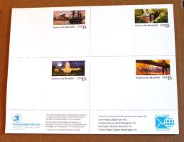 USA : Neljä käyttämätöntä postikorttia,15 cents. Samalla kokeellisella arkilla. ** Postimaksu maksettu. Julkaistu World Stamp Expo &#039;89 - näyttelyssä  1989