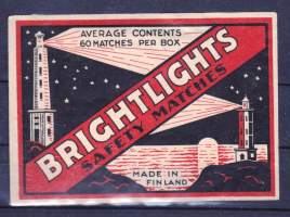 Vienti tulitikkuetiketti  (10 x 7 cm) Brightlights Safety Matches. Made in Finland