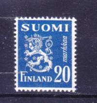 Suomi keräilypostimerkki -  käyttömerkki leijonamalli 20 mk sininen postituore ** . LAPE 383