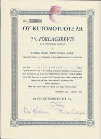 Kutomotuote Oy Ab 7 % förlagsbevis ( s.k.Participanting debenture) 5000 Fmk , Helsinki 1.1.1938