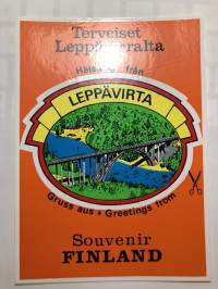 Terveiset Leppävirralta (Leppävirta) postikortti tarra -tarra, matkamuistotarra 1970-luvulta