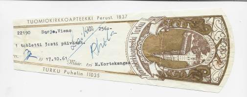 Tuomiokirkko Apteekki  Erkki Soini Turku  resepti  signatuuri  1961