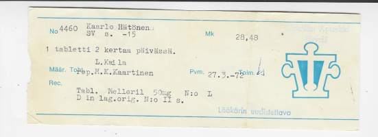 Kärkölän Apteekki  Järvelä resepti  signatuuri  1972