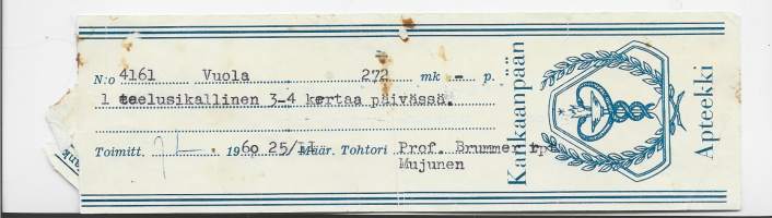 Kankaanpään Apteekki Kankaanpää  resepti  signatuuri  1960