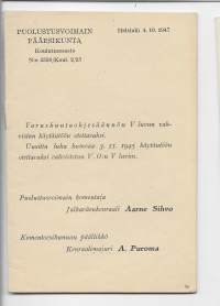 Puolustusvoimain Pääesikunta / Päävartiossa arestilaiset, pidätetyt ja tutkintavangit ohjesääntö 1947