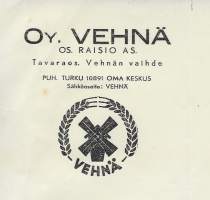 Vehnä Oy Raisio 1945 liikekirje -  firmalomake