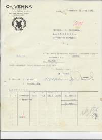 Vehnä Oy Raisio 1945 liikekirje -  firmalomake