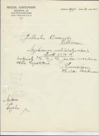 Hilda Lehtonen Esiliina- ja Alusvaateliike Lahti 1923 -  firmalomake