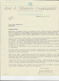 Arvi A Karisto Oy Hämeenlinna 1931 -  firmalomake