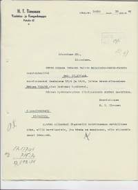 H T Timosen Vaatetus. ja Kangaskauppa Iisalmi 1940 -  firmalomake