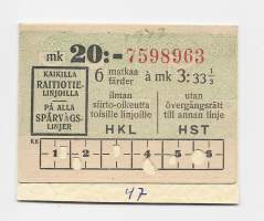 HKL / HST  raitiotie matkalippu 8 matkaa a 6,25 mk = 50 mk 1947