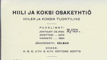 Hiili ja Koksi Oy  1926 -  firmalomake