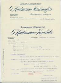 Suomalainen Oy Hartmanin Koneliike Helsinki  1926 -  firmalomake 2 eril