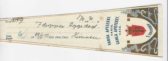 Vanha Apteekki Vaasa E Brander  resepti  signatuuri  1952