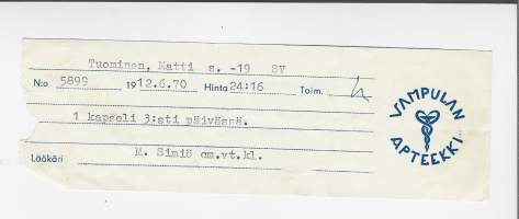 Vampulan Apteekki  resepti  signatuuri  1970