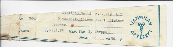 Vampulan Apteekki  resepti  signatuuri  1965