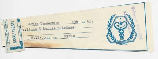 Vehmaan Apteekki  resepti  signatuuri  1955