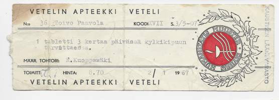 Vetelin Apteekki Kaustisten Lääkevarasto  resepti  signatuuri  1967
