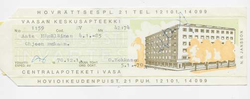 Vaasan Keskusapteekki Vaasa  resepti  signatuuri  1970