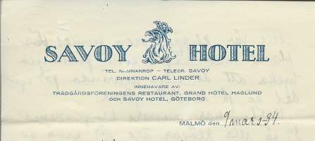 Savoy Hotel Malmö 1934 -  firmalomake