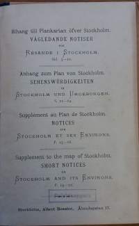 Ny plan af Stockholm jemte notiser för resande på svenska, tyska, franska och engelska. (1800-luku, vanha kaupunkikartta, harvinainen, keräilykohde)