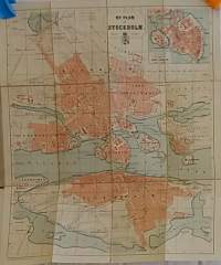 Ny plan af Stockholm jemte notiser för resande på svenska, tyska, franska och engelska. (1800-luku, vanha kaupunkikartta, harvinainen, keräilykohde)