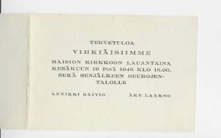 Tervetuloa vihkijäisiimme ... Raision  kirkkoon - vihkijäiskutsu 1948