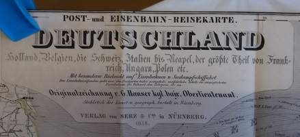 Post- und Eisenbahn - Reisekarte von Deutschland. (1800-luku, harvinainen, keräilykohde, vanha kartta, Saksa)