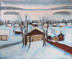 &quot;Talvinen talomaisema&quot; öljymaalaus kankaalle  sign 38x46 cm kehystämätön