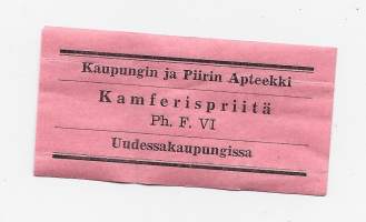 Kaupungin ja piirin Apteekki  - apteekkietiketti / Kamferispriitä