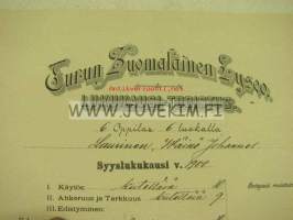 Turun Suomalainen Lyseo, Wäinö Laurinen -lukukausitodistus 1900
