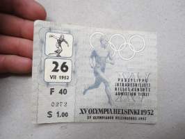 XV Olympia Helsinki 26.7.1952, Stadion, yleisurheilu -pääsylippu, inträdesbiljett, billet d&#039;entré, admission ticket