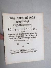 Kongl. Majestets... Circulaire Angående Ersättning till Manskapet... för slitningen af deras egna Släp-monderings persedlar -asetus / säädös, Stockholm, 1808