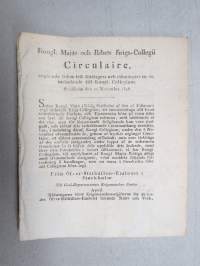 Kongl. Majestets... Circulaire angående tiden till förslagers och räkningars m.m. insändande till KOngliga Collegium -asetus / säädös, Stockholm, 1826