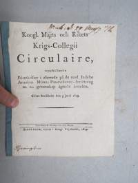 Kongl. Majestets... Föreskrifter i afseende på de med Indelte Arméens Mötes - Passevolance Inrättning m.m.  -asetus / säädös, Stockholm, 1819