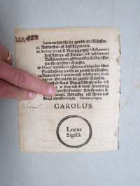 Kongl. Majestets... Förordning Om Rangen... virkojen arvojärjestykset alkaen kenttämarsalkasta ratsumestariin -asetus / säädös, Stockholm, 1689