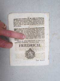 Kongl. Majestets... Förklaring Uti Någre mål, rörande Förordningarne om Husesyner på Militiae-Bostellen... -asetus / säädös, Stockholm, 1748