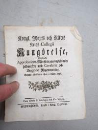 Kongl. Majestets... Kungörelse, Angående Approbations-Mönsringars uphörande hädanefter wid Cavalerie och Dragone Regementerne, Stockholm, 1786 -asetus / säädös