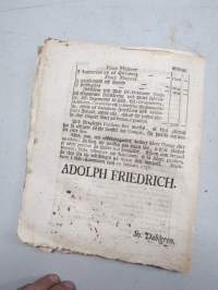 Kongl. Majestets... Förordning och Reglemente, Angående En Pensions Cassa för Arméen. Stockholm, 1757 -asetus / määräys