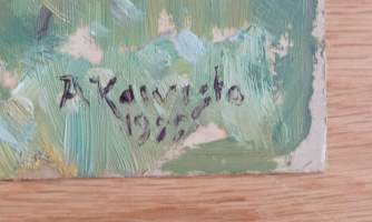 Aukusti Koivisto , &quot;Järvimaisema&quot;maalaus levylle,  sign 1955 koko  43x53 cm kehystetty lasin alle