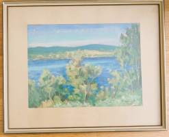 Aukusti Koivisto , &quot;Järvimaisema&quot;maalaus levylle,  sign 1955 koko  43x53 cm kehystetty lasin alle