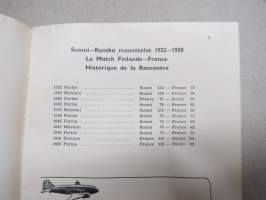 Maaottelu Suomi-Ranska Stadionilla 15-16.9.1951 -käsiohjelma