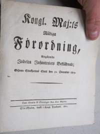 Kongl. Majestets... Förordning Angående Indelta Infanteriets Beklädnad, Stockholm, 1820 -asetus / määräys