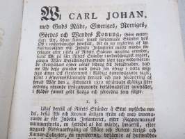 Kongl. Majestets... Förordning Angående Indelta Infanteriets Beklädnad, Stockholm, 1820 -asetus / määräys