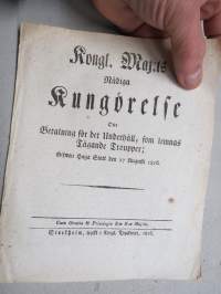 Kongl. Majestets... Nådiga Kungörelse Om Betalning för Underhåll, som lemnas Tågande Troupper, Stockholm, 1816 -asetus / määräys