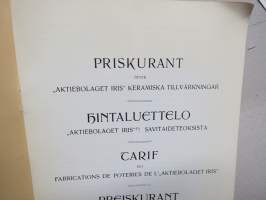 Priskurant öfver Aktiebolaget Iris keramiska tillvärkningar - Hintaluettelo Aktiebolaget Iris savitaideteoksia -näköispainos