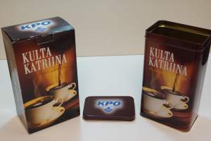 Kulta Katriina / KPO 100 v &quot;Pohjalaisten oma kauppa&quot; kahvipaketti  peltiä pahvipakkauksessa 19x11x8 cm - tuotepakkaus
