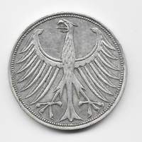 Saksa 5 Mark 1951  - ulkomainen kolikko hopeaa 11,2 g 0.625